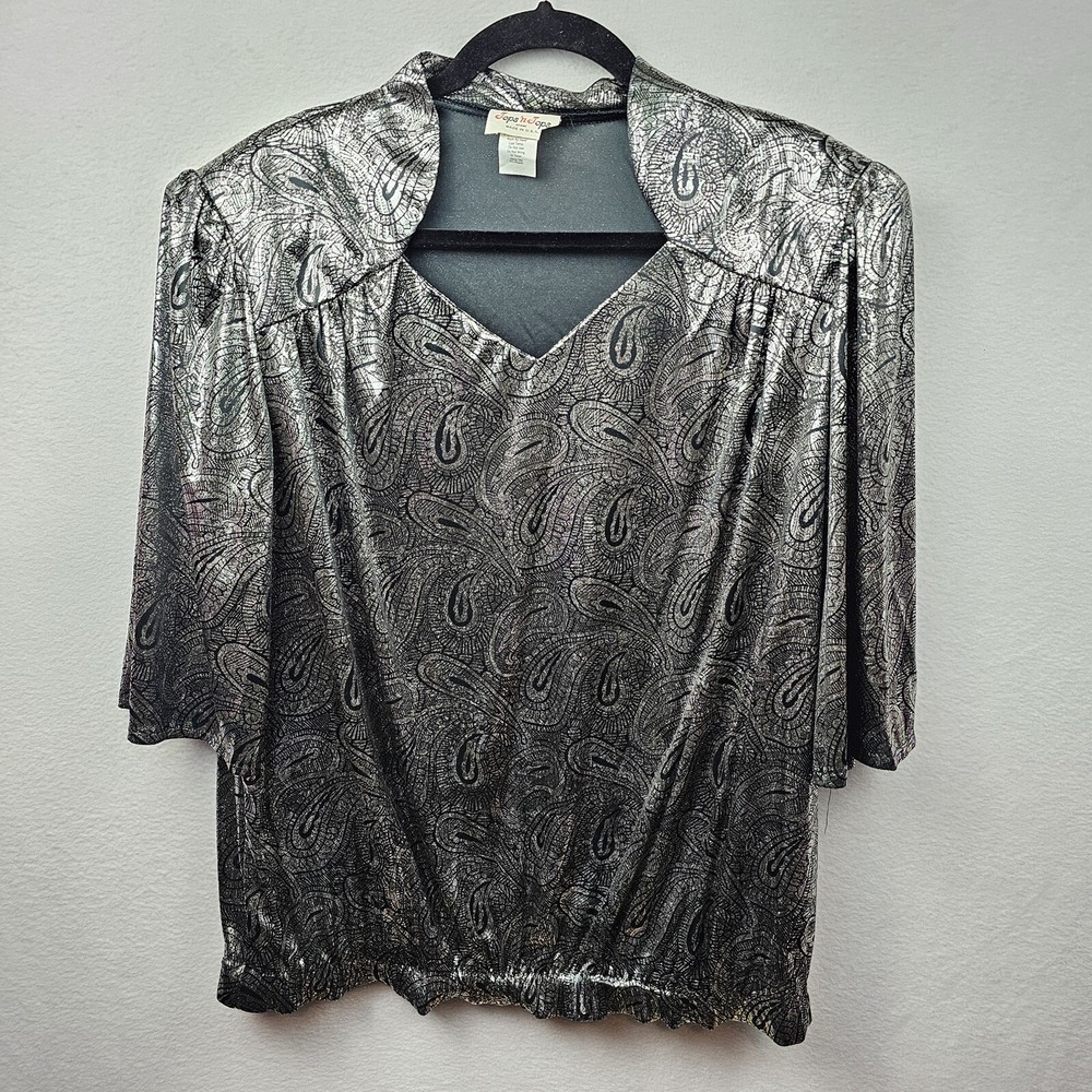 Tops 'n Tops Shirt Woman's Size XL Silver Black Paisley Vintage Blouse